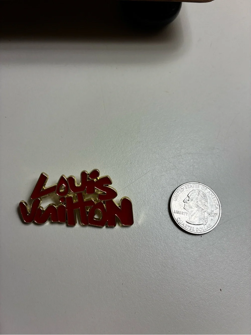 Luxury LV stamped Red Script Logo Brooch with Gold Trim